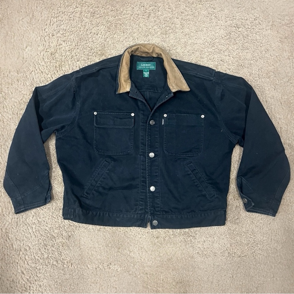 Lauren Ralph Lauren LG Black Denim Cropped Chore Jacket Contrast Leather Collar